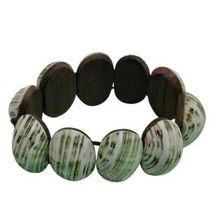 Boho Shell & Wood Beaded Stretch Bracelet Natural Look Handmade Green Brown